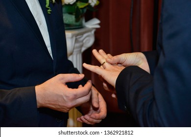 Gay Couple Wedding On A Cruise Ship. Ring Exchange. Wedding Vow.