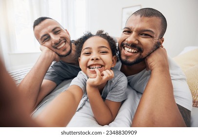 Gay, family and selfie portrait of child in home bedroom, bonding and fun together. Face of men, lgbtq parents and girl on bed in adoption, foster and profile picture, happy memory and interracial - Shutterstock ID 2348830909