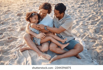 Gay father, play and girl at beach with love, tickling or hug for vacation, laughing or outdoor in sunshine. LGBTQ parents, young kid and adoption with family, holiday or comic conversation in summer - Powered by Shutterstock