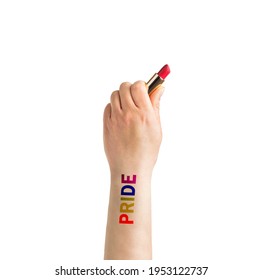 Gay Guy's Hand With A Tattoo That Says Pride And Nail Polish. Symbol Of Sexual Liberation And Tolerance