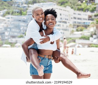 Gay, Lesbian And Beach With A Woman Lgbt Couple Bonding Together Outside During Summer. Romance, Dating And Love With A Female And Her Girlfriend On Holiday, Vacation Or Honeymoon By The Coast