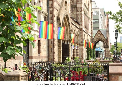 Gay Lesbian Pride Rainbow Flags On Church Building In City