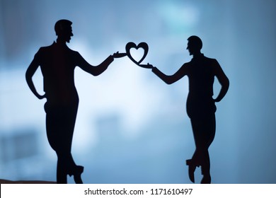 Gay LGBT Wedding Couple Grooms Holding Hands With Love Heart Shape Dancing Happy Cake Topper.