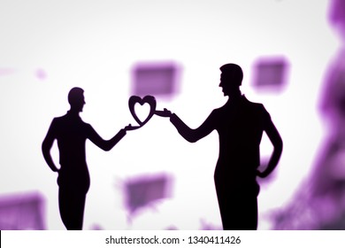 Gay LGBT Wedding Couple Grooms Holding Hands With Love Heart Shape Dancing Happy Cake Topper.