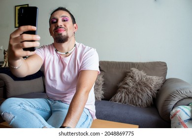 Gay Make-up Trans Boy Happy With Mobile At Home