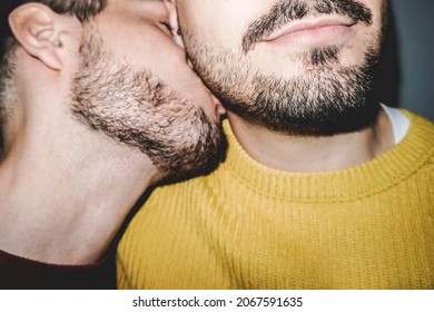 Gay Male Couple Kissing On The Neck - Lgbt, Homosexual Love Concept - Vintage Filter