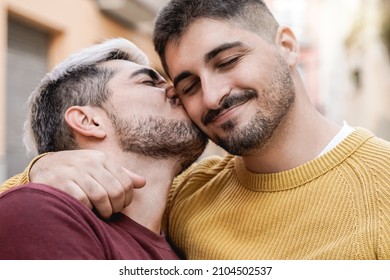 Gay Male Couple Kissing Outdoor In The City - LGBT Love Concept