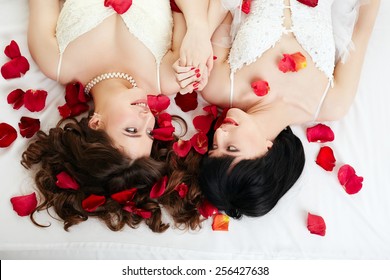 Gay Marriage. Top View Of Smiling Beautiful Brides 