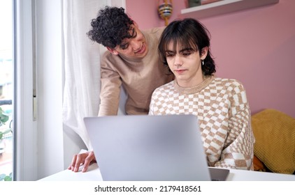 Gay Multiethnic Couple Couple Looking At Laptop