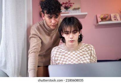 Gay Multiethnic Couple Couple Looking At Laptop