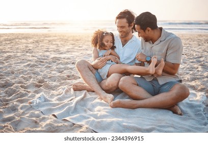 Gay parents, father and girl at beach with love, smile and hug for vacation, laugh or outdoor on sand in sunset. LGBTQ men, young kid and adoption with family, holiday or comic conversation in summer - Powered by Shutterstock