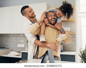 Gay parents, happy family and child in home together with love, support and bonding with girl on shoulders of dad in hug. LGBT, fathers and men with happiness or smile in kitchen and playing with kid