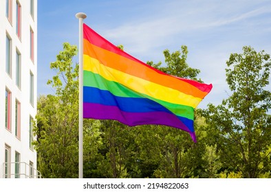 Gay Pride Flag (rainbow Flag), A Symbol Of LBGT Diversity, Flying On A Flagpole In Bournemouth, UK