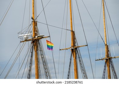 Gay Pride, Rainbow Flag Flying From The Mast Of A Three Masted Wooden Sailing Ship
