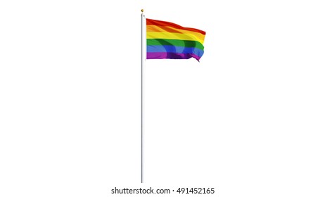 The Gay Pride Rainbow Flag Waving On White Background, Long Shot, Isolated With Clipping Path Mask Alpha Channel Transparency