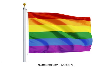 The Gay Pride Rainbow Flag Waving On White Background, Close Up, Isolated With Clipping Path Mask Alpha Channel Transparency