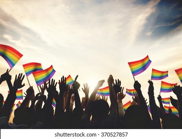 Gay Rainbow Flag Crowd Celebration Arms Raised Concept