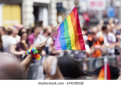 Gay Rainbow Flag At An LGBT Gay Pride March In London