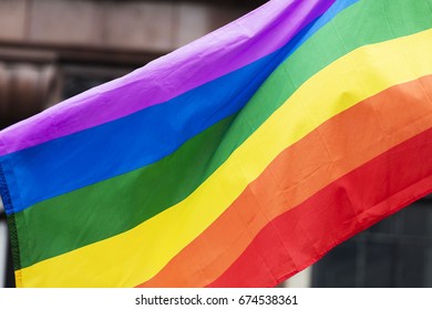 Gay Rainbow Flag At An LGBT Gay Pride March In London