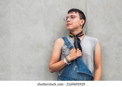 Gay Teen Lgbt Boy Looking Aside On Gray City Wall