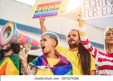 Gay And Transgender People Protest At Pride Event Outdoor- Lgbt And Equality Rights Concept - Focus On Girl Screaming