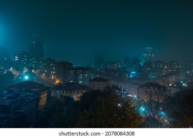 Gayrettepe ,Istanbul,Turkey November 8 ,2021: Foggy Weather At Night In The City. Epic View.