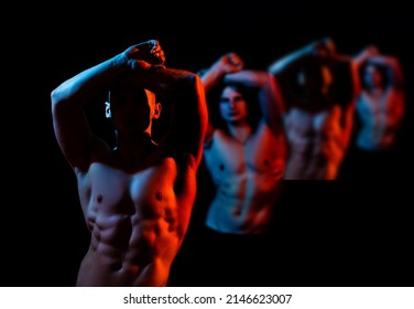Gays muscular body. Muscular models sports young men on dark background. Fashion portrait of strong brutal guys with muscles naked body. Sexy naked torso, six pack abs.