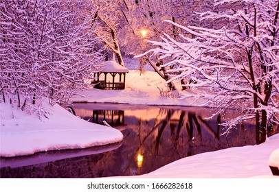 Gazebo In Night Winter Forest Park