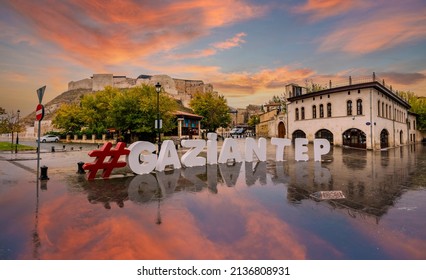 Gaziantep, Turkey - November 16, 2018 : Logo of Gaziantep and Castle at background view in Gaziantep City of Turkey