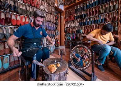 Gaziantep, Turkey, October 2022
Colorful Footwear Manufacturing Handmade, Called ''Yemeni'' Hanging, Leather Shoes Manual Labor, Close Up, .