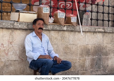 Gaziantep, Turkey - September 3, 2021. Street Tobacco Seller With His Goods.