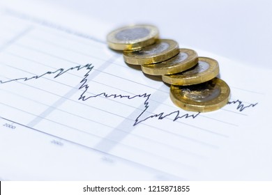 GBP British Currency Pound Coins Spread Out And Stacked On Top Of 2d Graph Data Sheet Showing Exponential Growth Over Time