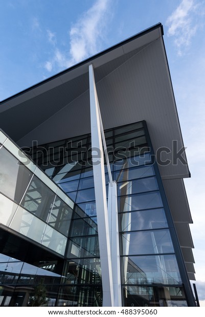 Gdansk,\
Airport - September 24, 2016: A view of modern building of Lech\
Walesa airport in Gdansk at sunset time.\
Poland.