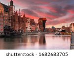 Gdansk with beautiful old town over Motlawa river at sunset, Poland.