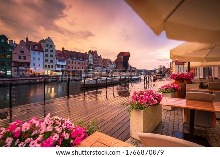 Gdansk with beautiful old town over Motlawa river at sunset, Poland