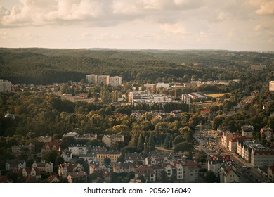 Gdansk Bird's Eye View During Summer Sunset. Beautiful Neighborhood In The Polish City. Modern Architecture With Historical Buildings.