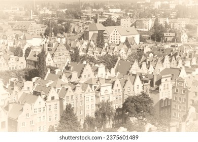Gdansk city in Poland (also know nas Danzig) in Pomerania region. Old town aerial view. Retro postcard style sepia tone. Vintage faded paper style. - Shutterstock ID 2375601489