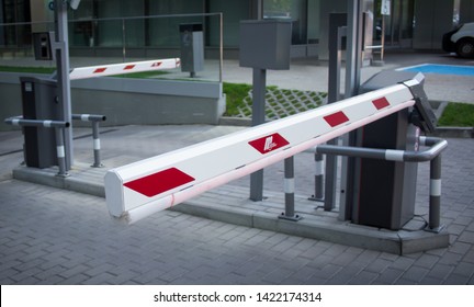 Gdansk Oliwa, Poland - June 5, 2019: Closed automatic boom barrier gate in Olivia Business Centre