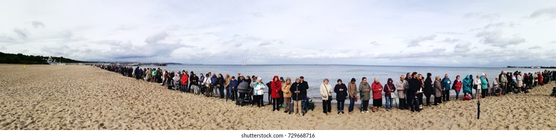 GDANSK, POLAND - 07 OCTOBER, 2017: Rosary To The Border. Poland Surrounded By The Prayer Of The Rosary.