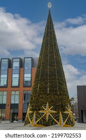 GDANSK, POLAND - 2020 JANUARY 19. Tall Christmas Tree Outside The Shopping Center In Gdansk City.