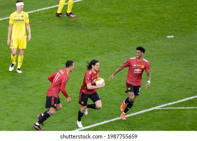 GDANSK, POLAND - 26 MAY, 2021: UEFA Europa League Final, Villarreal CF - Manchester United, O.p: Mason Greenwood, Edison Cavani And Marcus Rashford Of Manchester United Celebrate A Goal