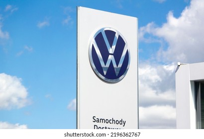 GDANSK, POLAND - AUGUST 1, 2022: Volkswagen Car Brand Logo On A Banner At Dealership