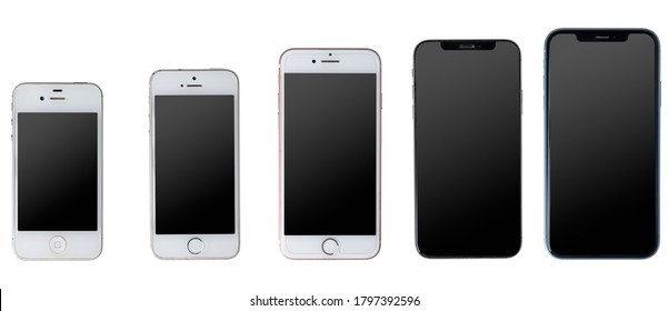 Gdansk, Poland - August 11, 2020: Apple iPhone smartphone evolution - 4S, 5S, 7, X and XR models.