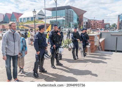 Gdansk, Poland - August 21, 2021: Police In Riot Gear Holding The Line To Protect Counter-manifestation Of LGBT.