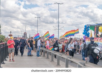 Gdansk, Poland - August 21, 2021: Gay And Lesbians Walking In LGBT Pride Parade. Parade Of Tolerance In Gdansk.