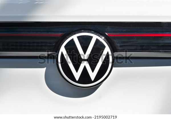 Gdansk, Poland - August 27, 2022: Volkswagen logo
of new model of Volkswagen ID.5 presented in the car showroom of
Gdansk