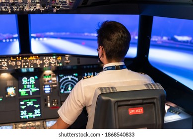 Gdansk, Poland - December 06, 2020: Instructor In Flight Simulator For The Training Of The Pilots.