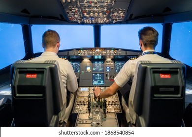 Gdansk, Poland - December 06, 2020: Interior of modern flight simulator for the training of the pilots.