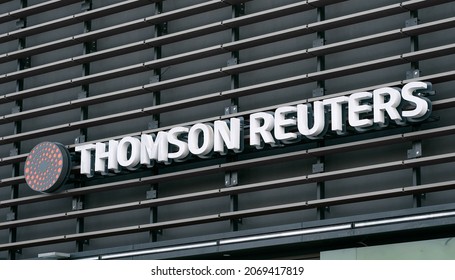 Gdansk, Poland, Europe 10.28.2021. Thomson Reuters on the exterior of the office building located in Polish Gdansk headquarters. Logo of the Thomson Reuters on the office building. 
