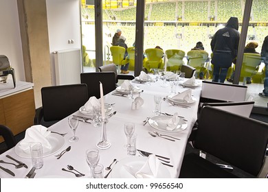 GDANSK, POLAND - FEBRUARY 4: VIP Box With Luxury Table Of PGE Arena Stadium. The Stadium Was Built Specifically For The Euro 2012 Championship. February 4, 2012 In Gdansk, Poland.